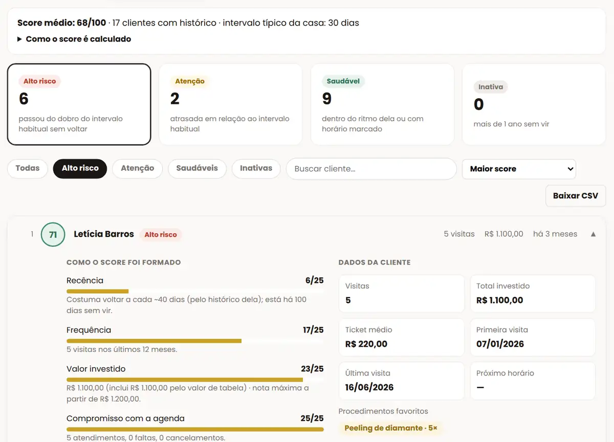 Score das clientes filtrado por alto risco, com o detalhe de uma cliente: como a nota foi formada, visitas, total investido e procedimentos favoritos. Clientes fictícias